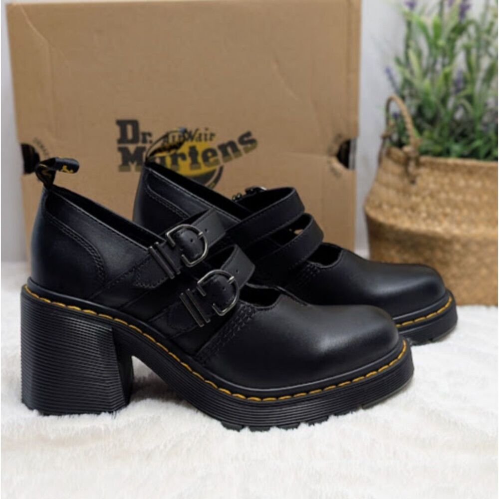 Dr. Martens Eviee Black Sendal Leather Heeled Shoes Women's 10 UK 8 NIB - Picture 2 of 15